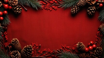 Fototapeta na wymiar Red and green Christmas background with fir branches, berries, stars and decoration ornaments elements.