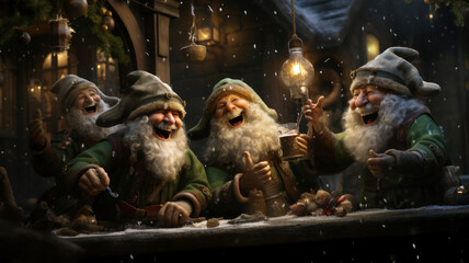 Happy elves having fun at Christmas night, helpers of Santa Claus celebrate at table in winter, funny bearded characters rejoicing. Concept of New Year, snow, illustration, nature, party - obrazy, fototapety, plakaty