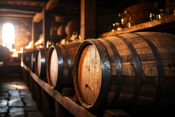 Wine cellar with old wooden barrels, dark storage of winery. Oak casks with whiskey and brandy in vintage warehouse. Concept of vineyard, viticulture, production, winemaking