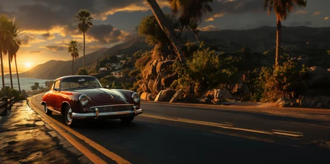 Wall murals Vintage cars Classic vintage car is driving on a scenic coastal road in California with sea and sunset in the background and palms lining the road. Generative Ai