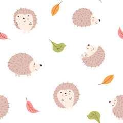 Cute Hedgehog Seamless Pattern, Cartoon animal background vector Illustration