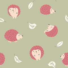 Cute Hedgehog Seamless Pattern, Cartoon animal background vector Illustration