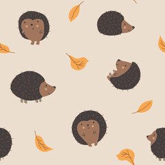 Cute Hedgehog Seamless Pattern, Cartoon animal background vector Illustration
