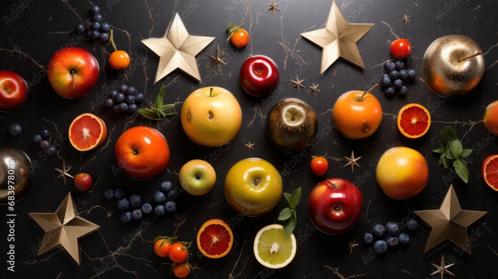 Poster a table topped with fruits and vegetables on top of a black table covered in stars and a number of o