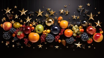  a number of fruits and vegetables on a black surface with gold stars on the top of the image and on the bottom of the image. - obrazy, fototapety, plakaty