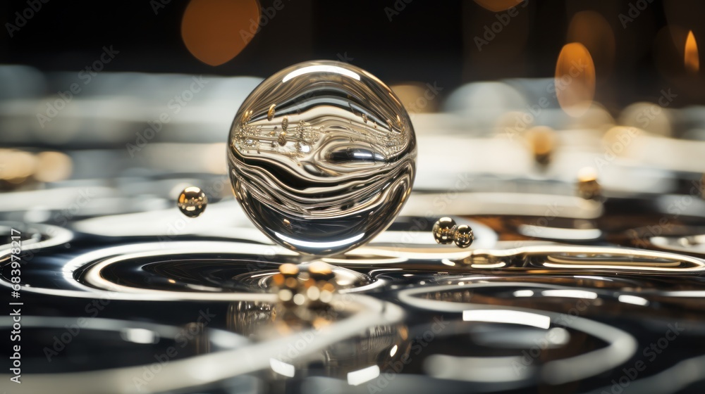 Poster a close up of a glass object on a surface with a blurry background of circles and circles around it.