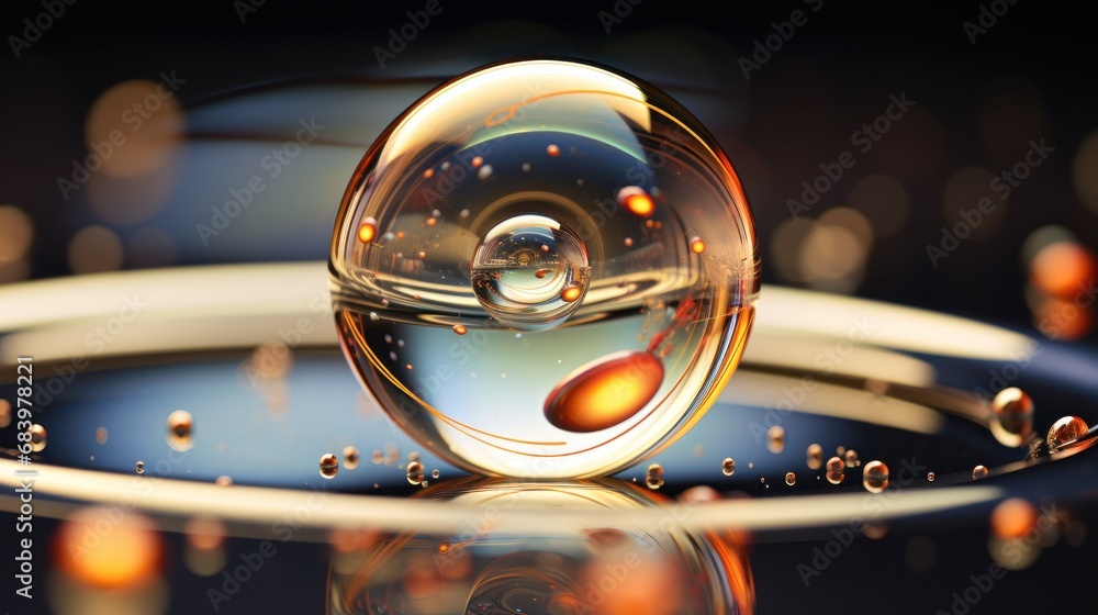 Aufkleber a close up of a drop of water on a reflective surface with a reflection of the drop on the surface.