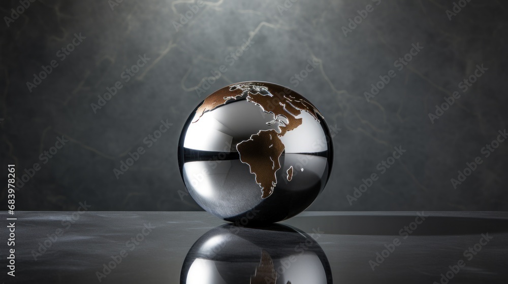 Poster a silver and black ball with a map of the world on it sitting on a reflective surface in front of a 