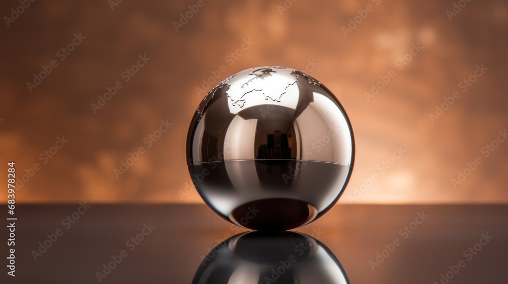 Poster a glass ball sitting on top of a table with a clock on the top of the ball in front of it.
