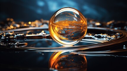  a close up of a glass ball on a reflective surface with a reflection of the sky and clouds in the water.