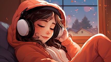 Cute cartoon girl listening to music on headphones in a cozy hoodie next to a window