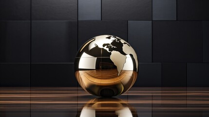  a golden globe sitting on top of a wooden table in front of a black and brown wall with a reflection of the earth on it.