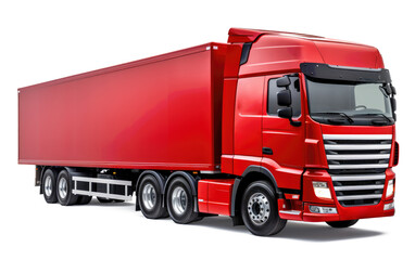 Modern red European-style semi truck with cargo trailer front right side corner angle view, isolated on white on transparent ready for Christmas delivery