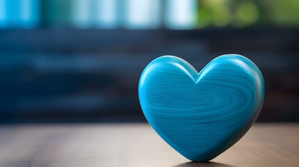 Close up of a sky blue Heart on a wooden Table. Blurred Background