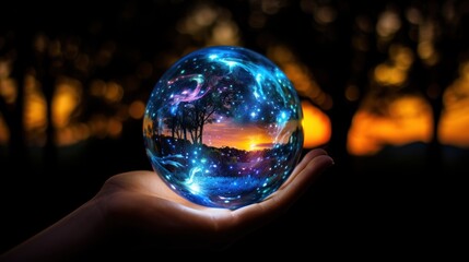  a person's hand holding a glass ball with a picture of a night sky and trees on it in front of a setting sun.