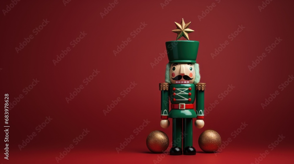 Poster a nutcracker with a star on top of it's head, standing in front of a red background.