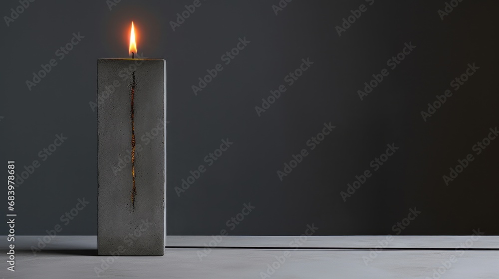 Poster a candle that is sitting in the middle of a cement block with a lit candle in the middle of it.