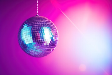 Obraz premium Generative AI, Disco shiny ball, party reflecting colorful lights for music broadcast, night clubs, musical banners