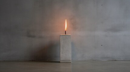  a candle that is sitting in the middle of a room with a concrete block on the floor and a lit candle in the middle of the room.