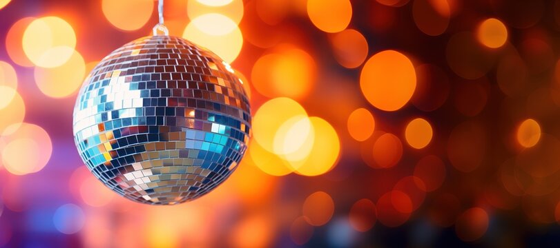 Generative AI, Disco shiny  ball, party reflecting colorful lights for music broadcast, night clubs, musical banners