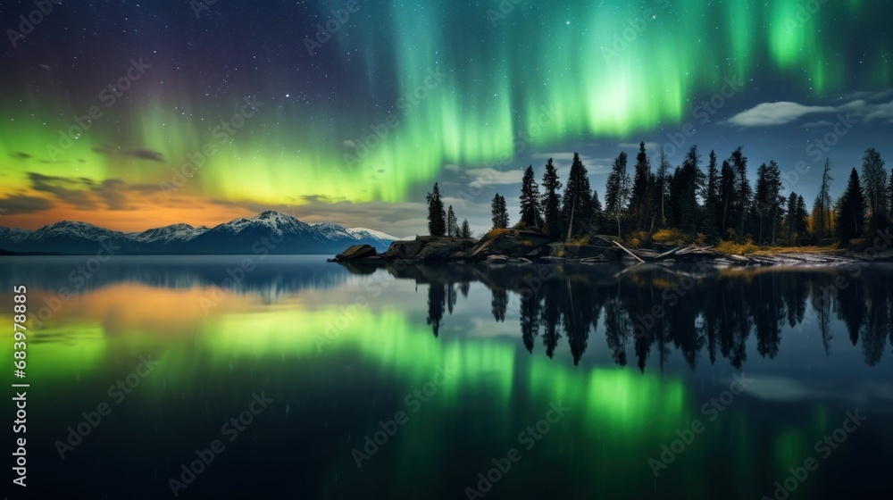 Poster an aurora bore over a lake with trees in the foreground and an island in the middle of the lake.