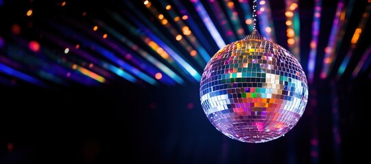 Generative AI, Disco shiny  ball, party reflecting colorful lights for music broadcast, night clubs, musical banners - obrazy, fototapety, plakaty