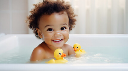 cute curly african american kid baby boy toddler taking a bath with yellow rubber duck toy smiling and looking at camera with copy space. baby care concept. Ai. - Powered by Adobe