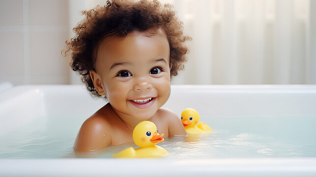 cute curly african american kid baby boy toddler taking a bath with yellow rubber duck toy smiling and looking at camera with copy space. baby care concept. Ai.