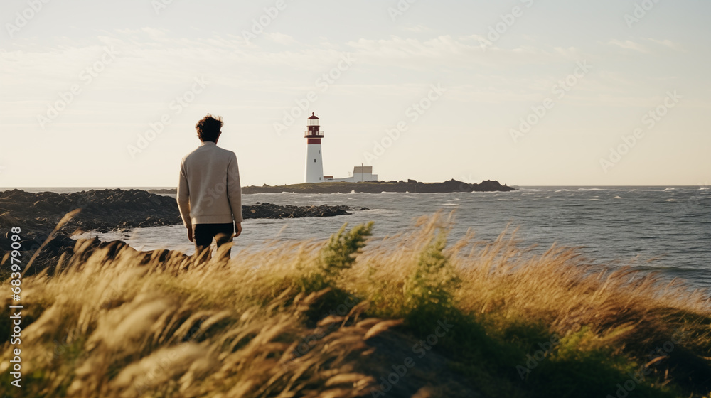 Wall mural Lighthouse and man. Man walks near the lighthouse and enjoy beautiful nature landscape. Lonely male. Scenic northern outdoors view. Travel and adventure. Explore North. Generated AI