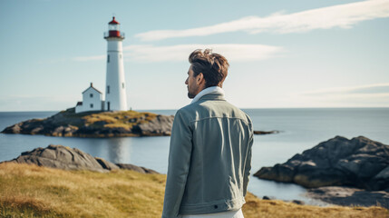 Lighthouse and man. Man walks near the lighthouse and enjoy beautiful nature landscape. Lonely male. Scenic northern outdoors view. Travel and adventure. Explore North. Generated AI - obrazy, fototapety, plakaty
