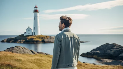 Rolgordijnen Lighthouse and man. Man walks near the lighthouse and enjoy beautiful nature landscape. Lonely male. Scenic northern outdoors view. Travel and adventure. Explore North. Generated AI © Iuliia Pilipeichenko