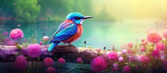 In the lush green meadow, a beautiful and colorful bird with cute pink feathers perched by the sparkling blue water, showcasing the wonders of nature's love for vibrant colors.