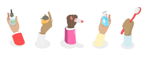 3D Isometric Flat  Conceptual Illustration of Skin Care, Cleansing, Moisturizing and Treating