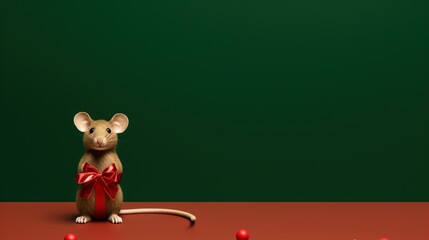 Fototapeta premium a mouse sitting on top of a table with a red ribbon around it's neck and a red bow around its neck.
