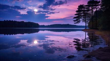 a large body of water with trees on the shore and a full moon in the sky with clouds above it.