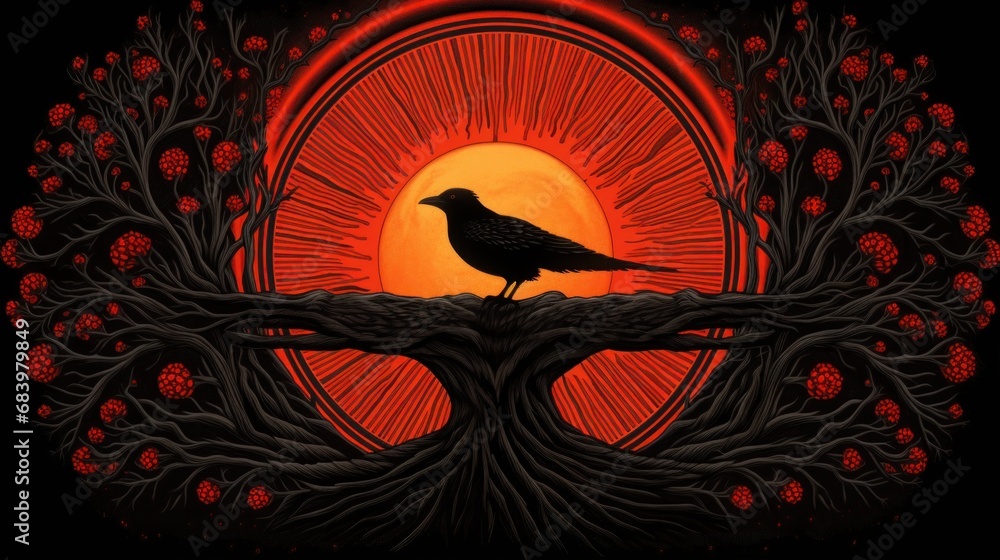 Poster a crow sits on a tree branch with the sun behind it, ai