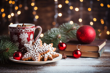 Christmas and new year background gifts, books, biscuits or christmas elements on the background AI