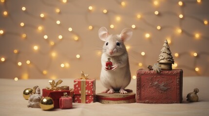  a white rat sitting on top of a red box next to christmas presents and a christmas tree with lights in the background.