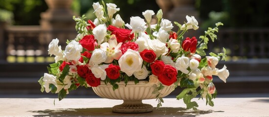 In the serene garden, surrounded by the vibrant colors of nature, a vintage floral design blooms with an array of white and red flowers, exuding the essence of summer, while perfectly capturing the