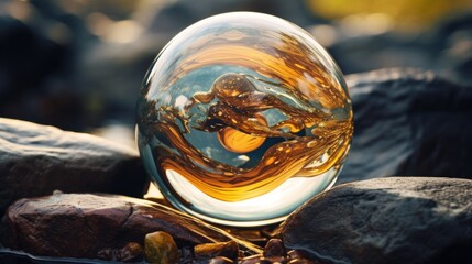  a glass ball sitting on top of a pile of rocks next to a pile of rocks and a pile of rocks.