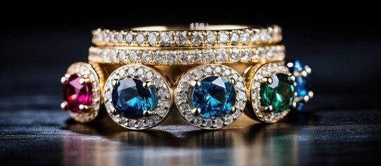 In the studio, a close-up shot captures the exquisite beauty of a diamond, emerald, and sapphire encrusted wedding ring on a stand. The precious stones glisten, complemented by the radiance of gold