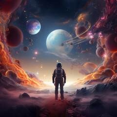 astronaut walking in colorful psychedelic planet environment space art landscape