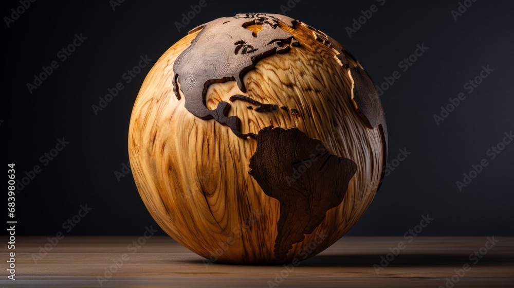 Poster a close up of a wooden object with a map of the world on it's side and a black background.