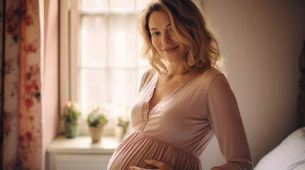 Portrait of happy pregnant woman standing in the room - obrazy, fototapety, plakaty