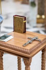 Church utensils of the Russian Orthodox Church: icons, bible, cross, candles