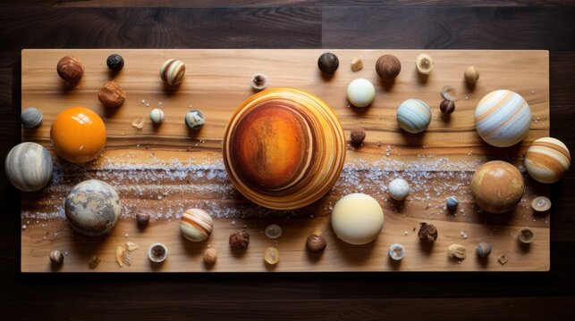  a wooden table topped with a wooden board covered in lots of different sized and colored balls of different shapes and sizes.