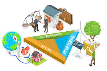 3D Isometric Flat  Conceptual Illustration of ESG stands for Environmental, Social, and Corporate Governance, Green Energy, Sustainable Industry