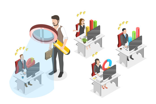 3D Isometric Flat  Conceptual Illustration of Employee Evaluation, Performance Review