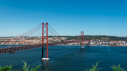 Lisbon, Portugal - 10.08.2023: 25th of April Bridge (Ponte 25 de Abril). View from Almada.