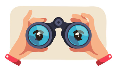 Eyes looking through binoculars in hands. Business person observing exploring future searching for ideas and strategy. Opportunity observation, perspective vision concept flat vector illustration - obrazy, fototapety, plakaty